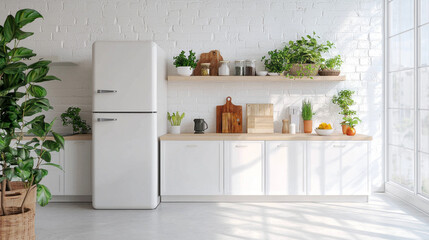 Aufkleber - The refrigerator showcases an abundance of fresh produce next to a sunlit kitchen, where greenery flourishes. A welcoming space invites culinary creativity and healthy eating