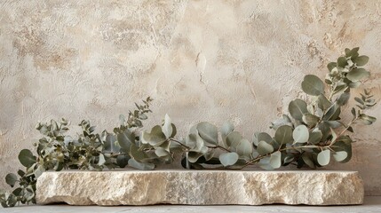 Poster - A creative podium blends natural textures with elegant greenery, providing an inviting display for products in an exhibition