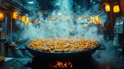 Steaming street food, night market, Asian city, culinary scene, food photography