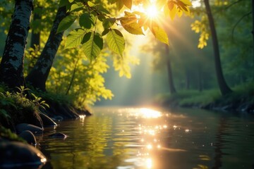 Wall Mural - Sunlight illuminating birch leaves on rippling water, clean, branch