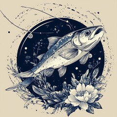 Wall Mural - Artistic salmon illustration with floral elements. Possible use Print design