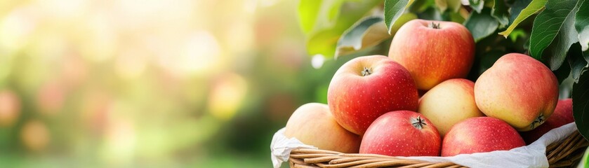 A basket of freshly picked organic apples in an orchard, sunlight streaming through trees, Organic Fruit Harvest, natural farming lifestyle