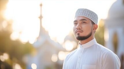 Poster - A young Muslim man in a white prayer outfit gazes upward with sincerity, standing against a backdrop of soft morning light