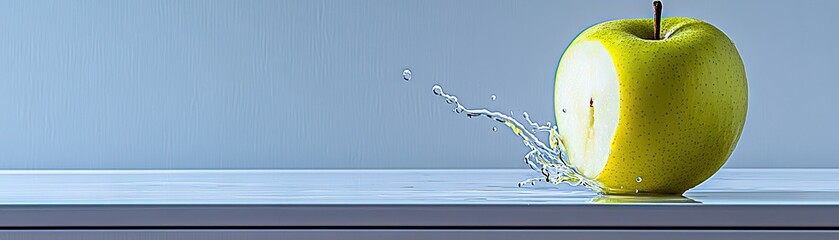 Canvas Print - Half apple splashing water on a table, minimalist background. For health blogs