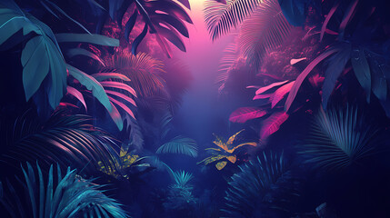 Poster - Vibrant neon light illuminates lush tropical foliage, creating a moody, atmospheric scene. Lush Neon Rainforests. Illustration