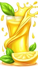 Poster - Fresh lemonade splash, glass, lemon, leaves, white background, beverage ad