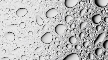 Poster - Glistening water droplets collect on a sleek, smooth surface, forming an artistic display of shapes and reflections. Each droplet captures light, adding elegance to the scene