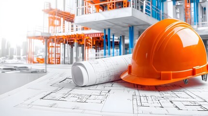Aufkleber - Close up view of architectural blueprints and a protective orange hard hat placed on a solid surface at an active construction site highlighting the planning design