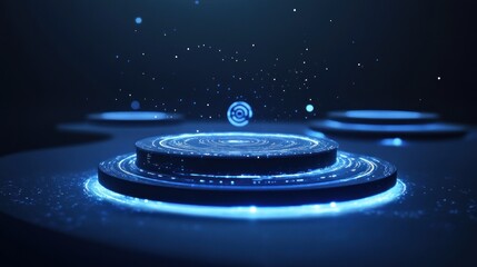 Poster - Futuristic Product Showcase Podium with Glowing Blue Lights and Particles