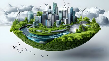 Poster - Surreal Floating Eco Metropolis in the Sky featuring High Tech Green Skyscrapers Wind Farms