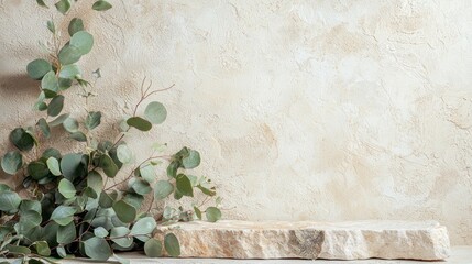 Poster - A beautifully designed podium awaits the showcase of innovative products. Set against a softly textured neutral wall, lush green eucalyptus adds a touch of nature, inviting curiosity and engagement