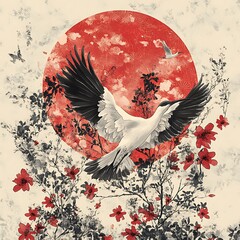 Wall Mural - Bird in flight, red sun, flowers, serene scene, artistic print