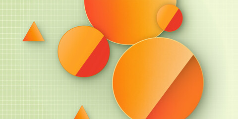 Poster - Orange and red circles and triangles overlaying a green grid background