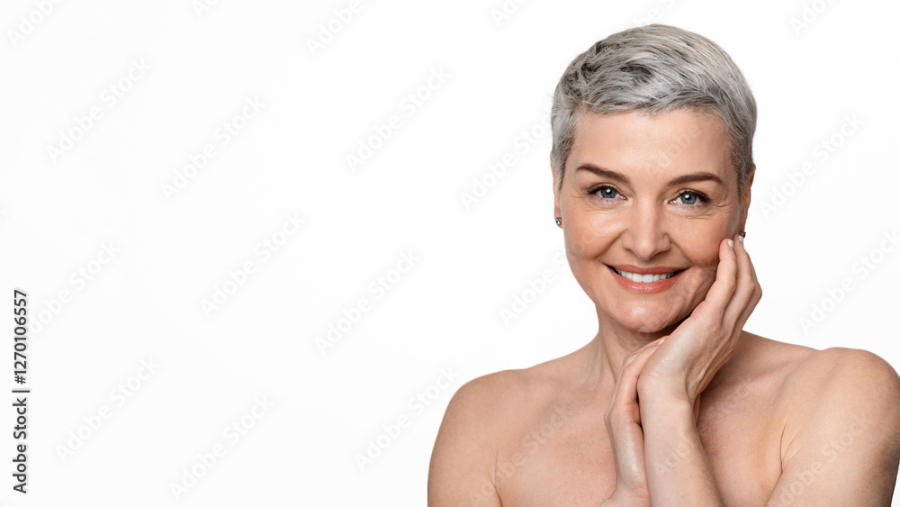 Mature Beauty. Portrait of charming nude middle aged woman touching her skin and smiling at