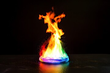 Fototapete - Chromatic Combustion: A vibrant, multicolored flame dances atop a small, glowing platform, creating a visually stunning spectacle of energy and color.