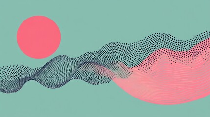 Poster - Abstract pastel landscape with geometric sun and textured wave design