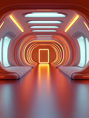 Poster - Futuristic corridor with orange lighting leading to bright door
