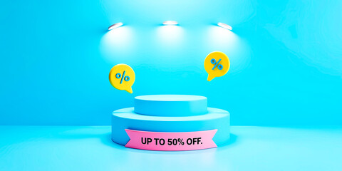 3d render of a two-tiered platform advertising up to 50% off