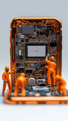 Poster - Miniature engineers working on a smartphone motherboard, highlighting the complexity of modern mobile technology