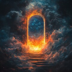 Poster - Mysterious portal emerges in cosmic clouds dreamlike landscape digital art fantasy realm surreal viewpoint