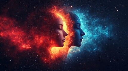 Poster - Cosmic duality between fire and ice digital art space surrealism side view emotional contrast