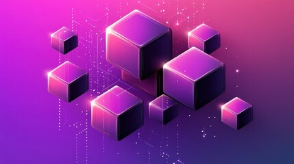 Poster - Abstract Purple Cubes with Glowing Edges and Connecting Data Lines
