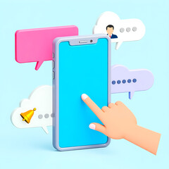 Poster - hand interacting with smartphone screen displaying colorful message bubbles and notification
