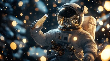 Poster - Astronaut celebrating with champagne in space cosmic atmosphere digital art futuristic environment close-up view