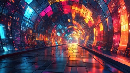 Poster - Futuristic light display abstract tunnel digital art vibrant environment perspective view technology concept