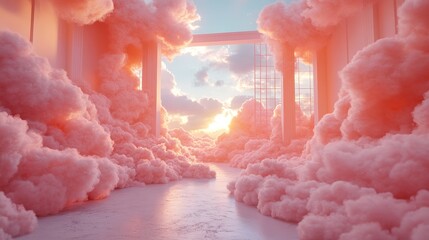 Poster - Dreamy sunset scene with pink clouds surreal landscape digital art tranquil environment aesthetic viewpoint