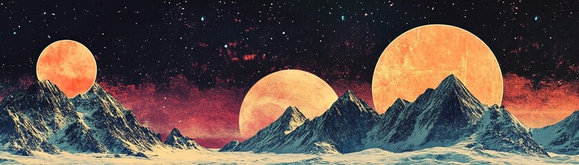 Poster - Celestial event dual moons over mountainous landscape digital art nighttime surreal concept