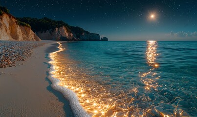 Wall Mural - Glowing beach stones and swirling golden sand sparkle under moonlit green sea