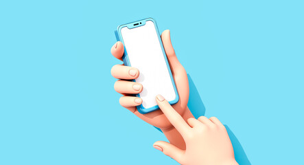 Poster - cartoon hand holds a light blue smartphone with a blank white screen.
