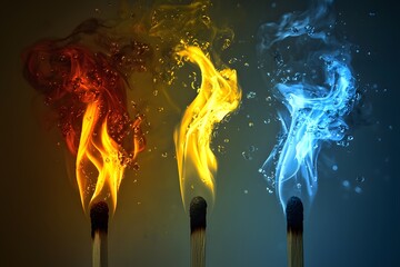 Leinwandbilder - Igniting Ideas: A close-up shot of three burning matches, each flame a vibrant hue (red, yellow, blue), suggesting a concept of energy and transformation.