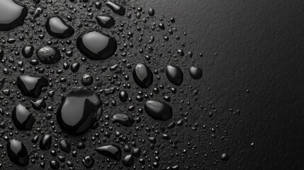 Aufkleber - Delicate water droplets perch on a polished black surface, reflecting light in an enchanting display. This serene arrangement highlights nature's artistry in an exquisite moment of tranquility