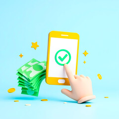 Poster - cartoon hand tapping checkmark on smartphone screen with cash and coins