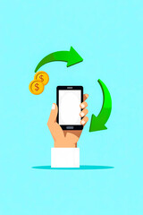 Poster - hand holding smartphone with two gold coins being transferred symbolizing a mobile financial transaction.