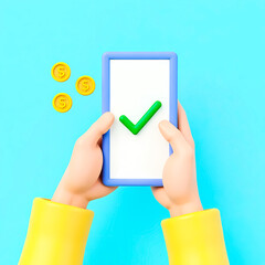 Poster - 3d cartoon hands holding smartphone showing a green checkmark and yellow coins indicating successful payment