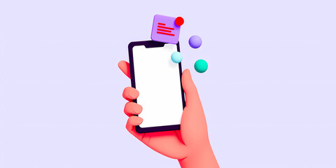 Poster - hand holding a smartphone with a blank screen surrounded by colorful 3d shapes.