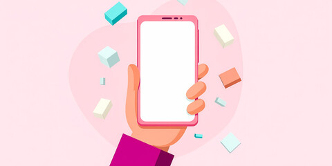 Poster - hand holding a pink smartphone with a blank white screen surrounded by pastel geometric shapes