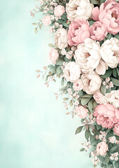 Wall Mural - A blue background with a pink and white flower arrangement. The flowers are arranged in a way that they look like they are growing out of the paper. The arrangement is very pretty