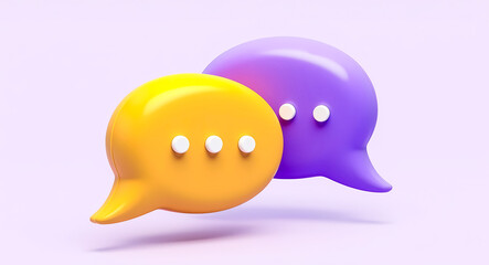 Poster - two 3d speech bubbles in yellow and purple representing communication