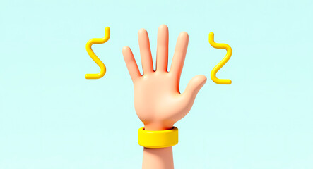 Poster - cartoon hand with five fingers raised and yellow shapes