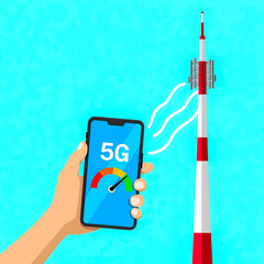 Poster - hand holding smartphone displaying strong 5g near communication tower