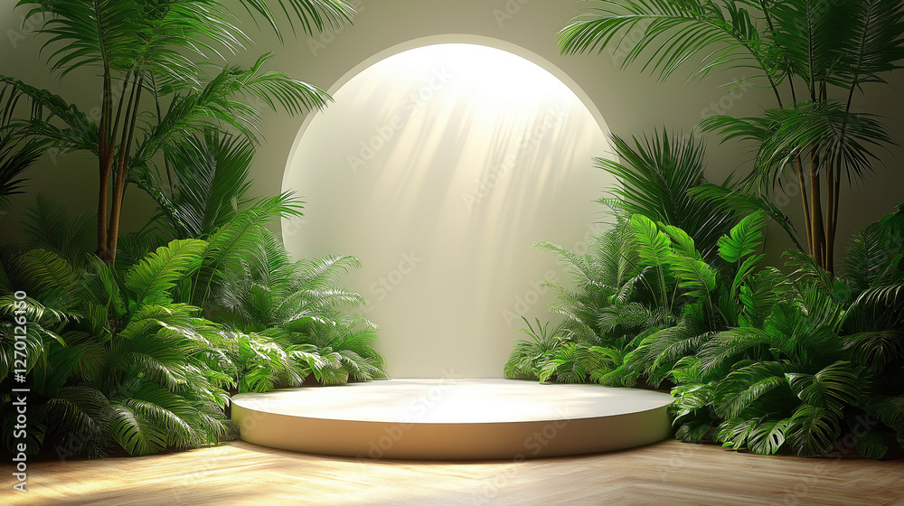Lush green indoor oasis with sunlit circular stage and tropical plants ...