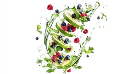 Poster - Fresh fruit splash, apple slices, berries, mint, healthy food, recipe website