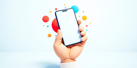Poster - cartoon hand holding a smartphone with blank screen against a light blue background