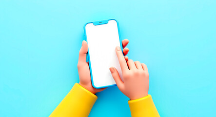 Poster - cartoon hands using a blue smartphone with blank screen