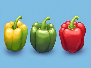 Illustration of Three Bell Peppers: Yellow, Green, and Red