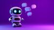 © Andres Mejia - Cute white robot chatting with speech bubbles on purple background